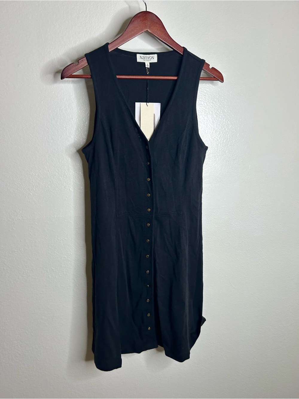 NWT Nation LA 100% Cotton Black Gold Button V - Neck Button Down Mini Dress - Picture 9 of 15